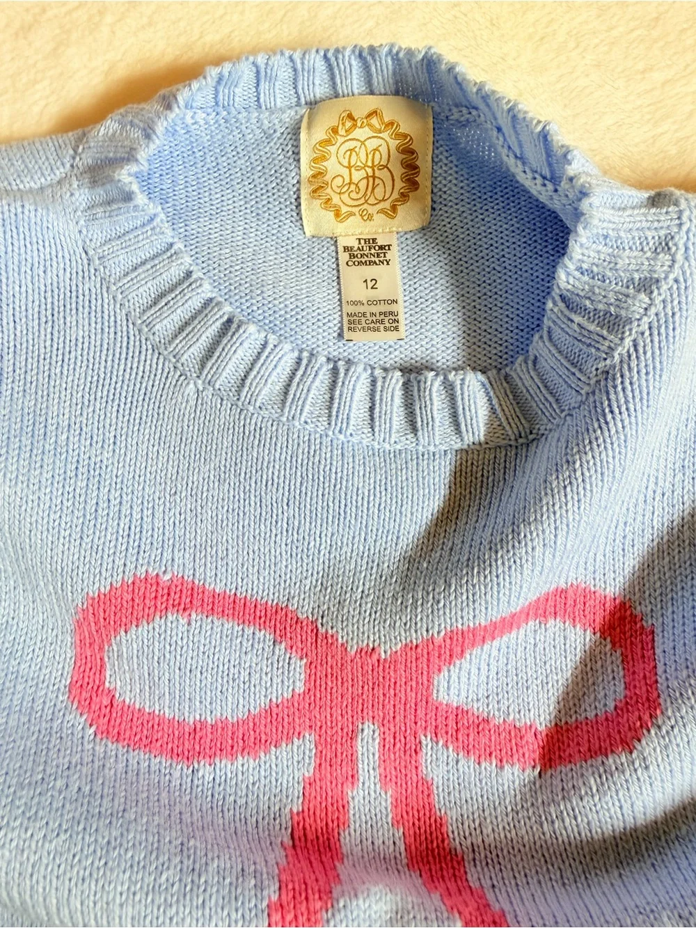 EEUC The Beaufort Bonnet company light blue with pink bow knit sweater 12
